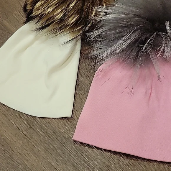 Baby beanie hat with pom poms real fur interchangeable pink and cream hat - Picture 4 of 5